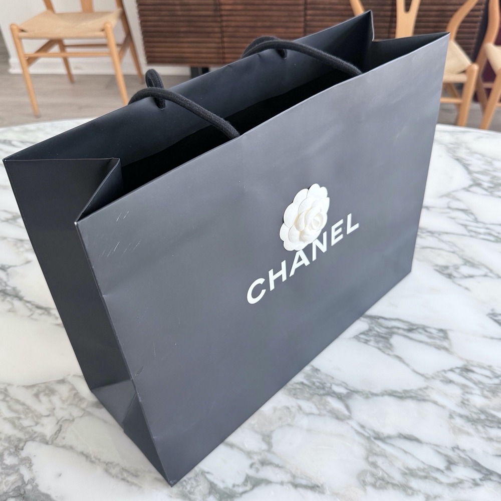 Chanel Black Paper Shopping Bag with White Camellia Flower Large Boutique Tote